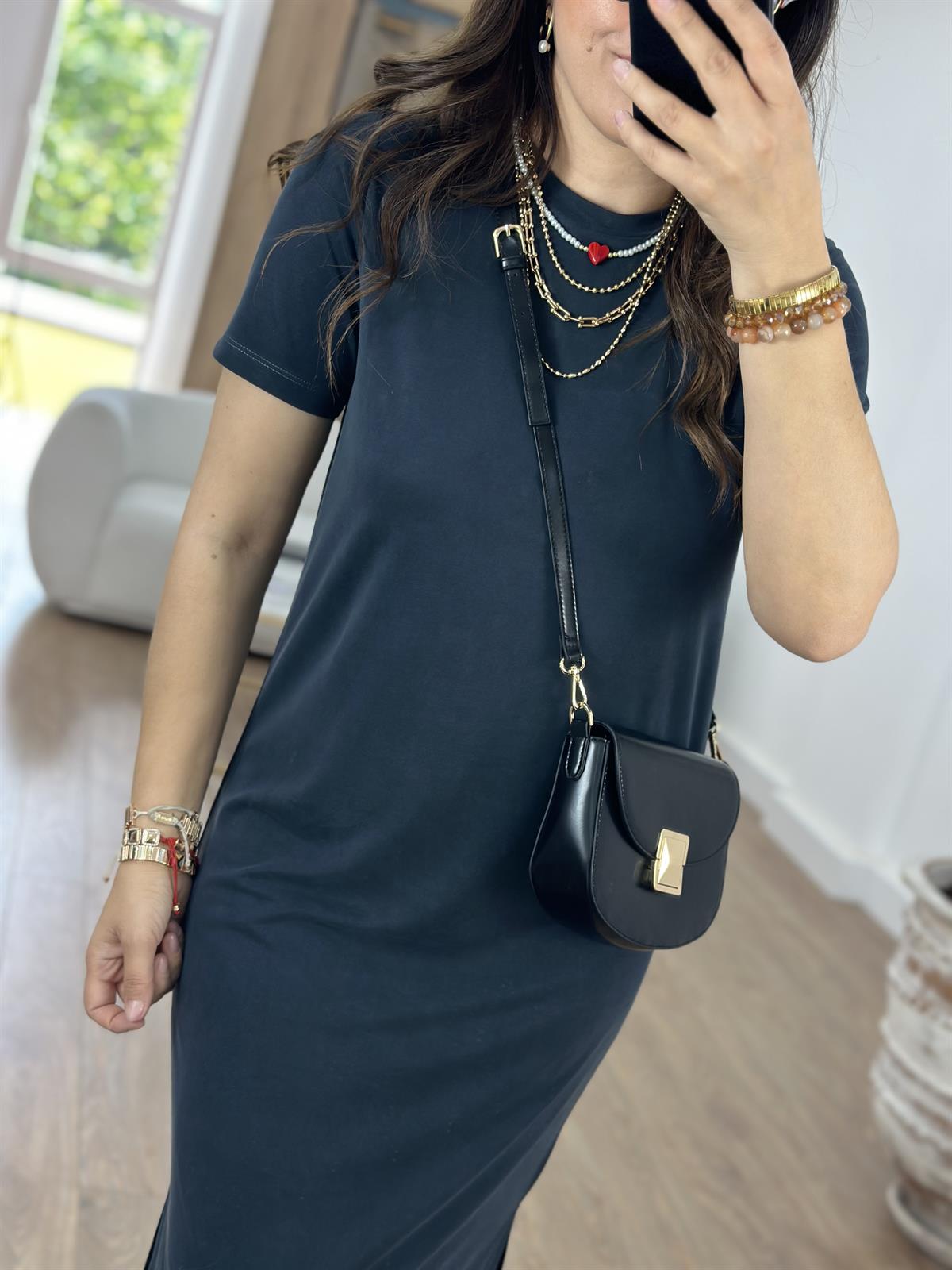 Bisiklet Yaka Yanları Yırtmaçlı Modal Elbise-Antrasit