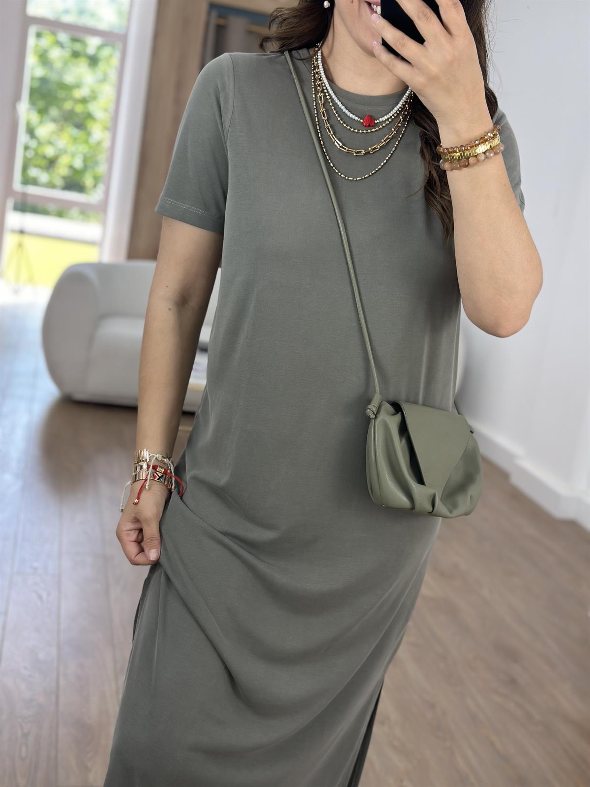 Bisiklet Yaka Yanları Yırtmaçlı Modal Elbise-Haki