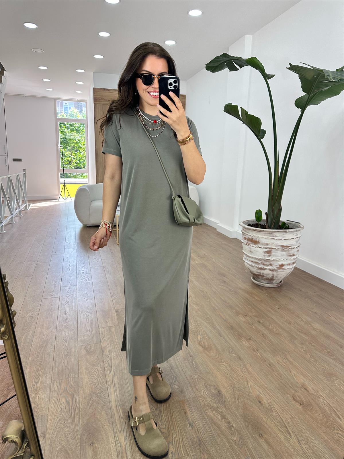 Bisiklet Yaka Yanları Yırtmaçlı Modal Elbise-Haki