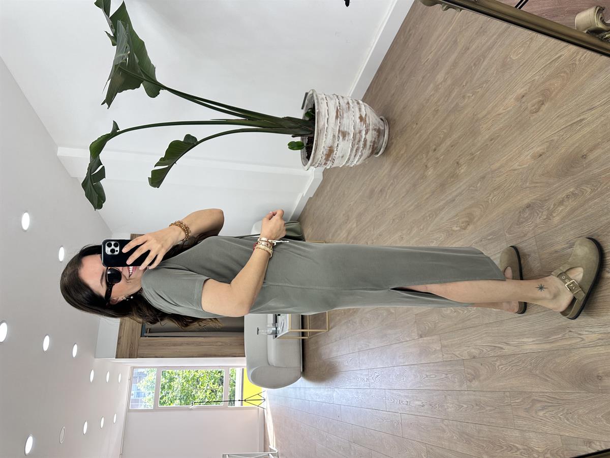 Bisiklet Yaka Yanları Yırtmaçlı Modal Elbise-Haki