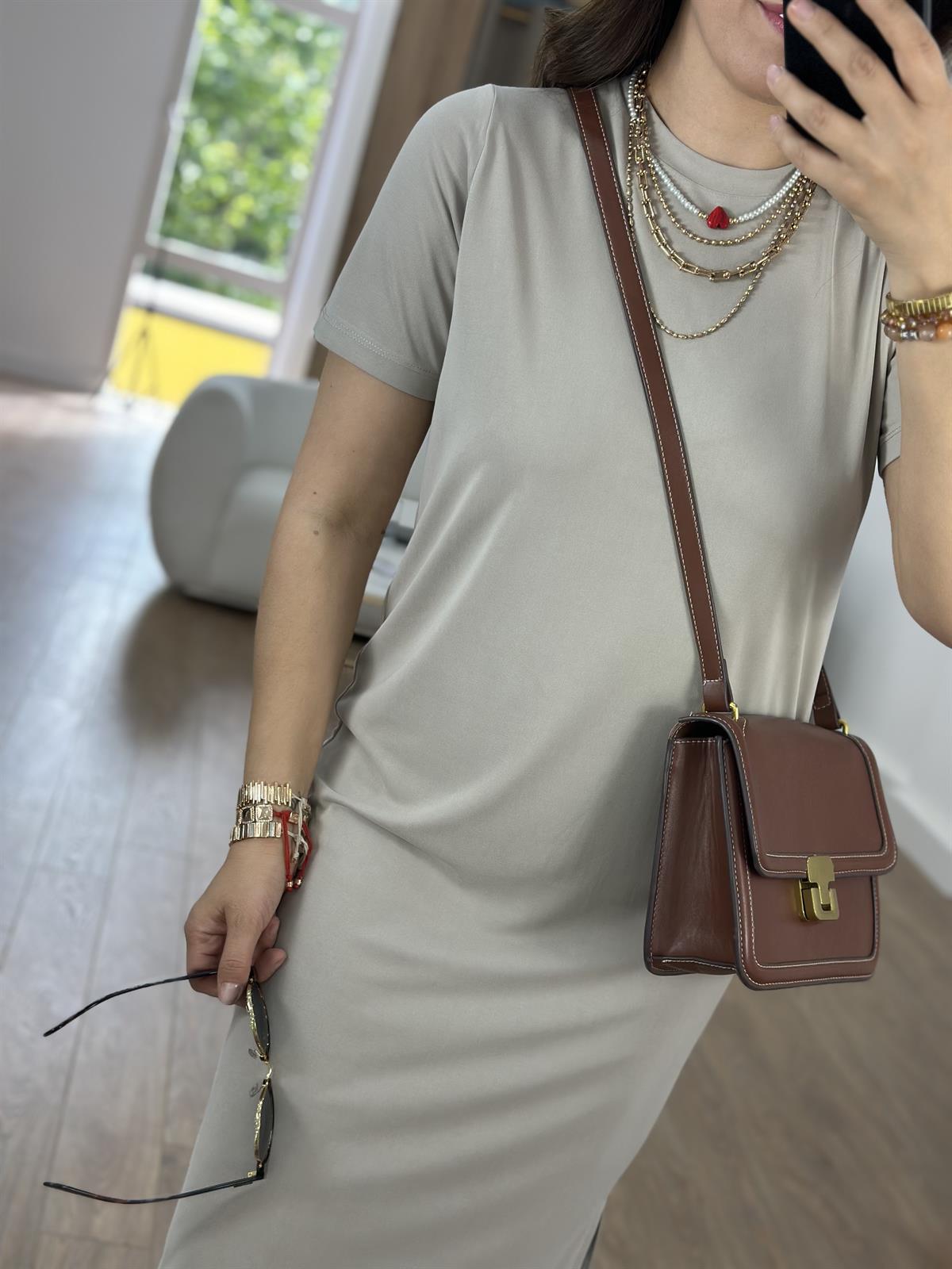 Bisiklet Yaka Yanları Yırtmaçlı Modal Elbise-Taş