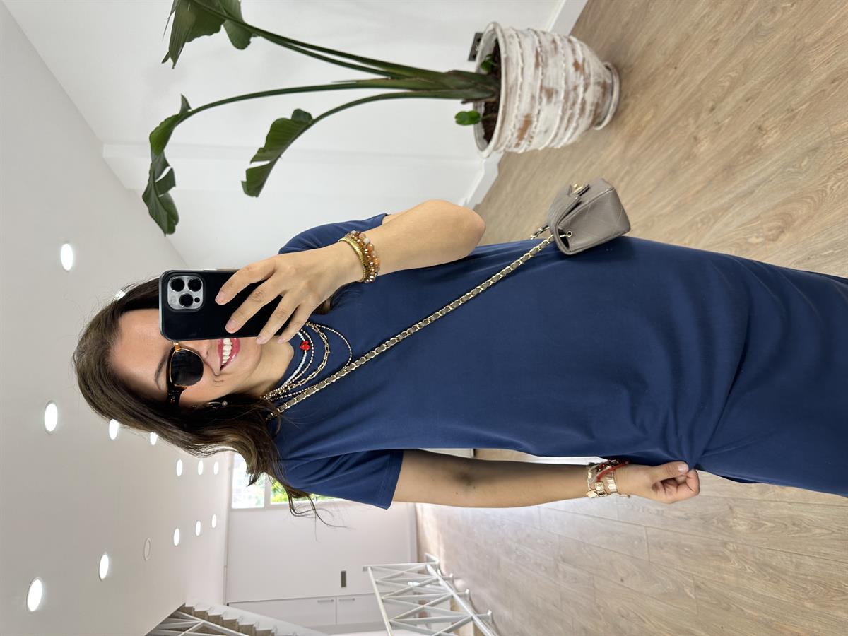 Bisiklet Yaka Yanları Yırtmaçlı Model Elbise-İndigo