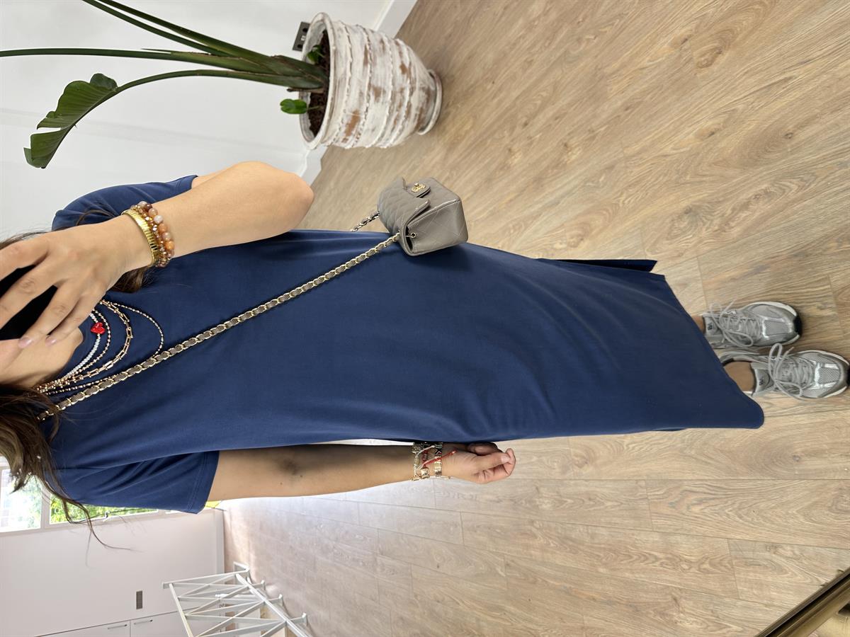 Bisiklet Yaka Yanları Yırtmaçlı Model Elbise-İndigo