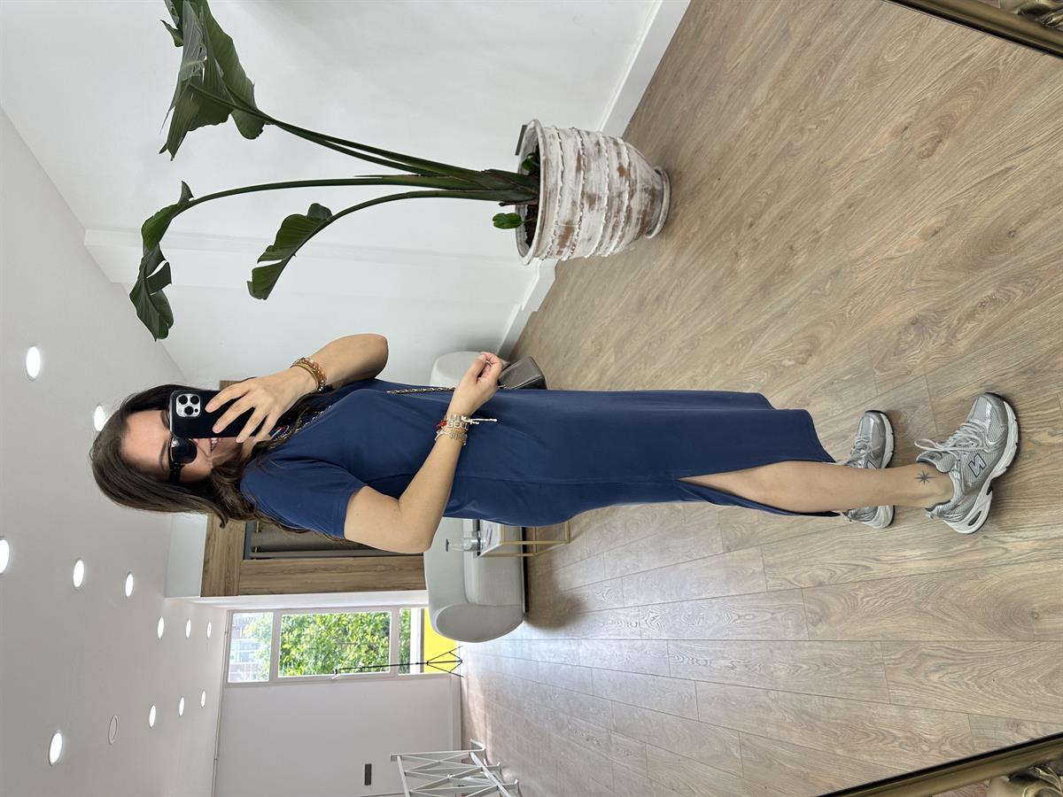 Bisiklet Yaka Yanları Yırtmaçlı Model Elbise-İndigo