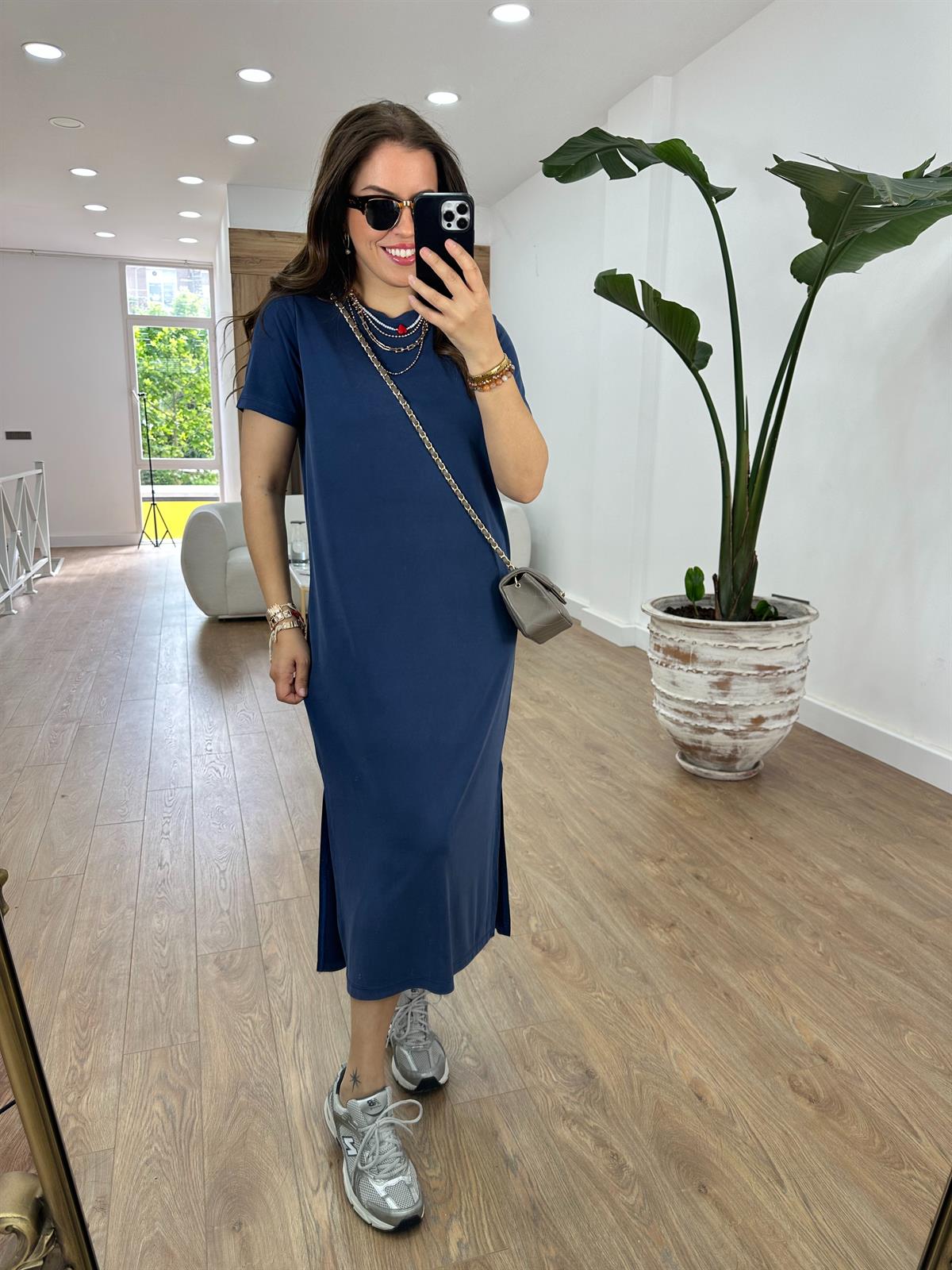 Bisiklet Yaka Yanları Yırtmaçlı Model Elbise-İndigo