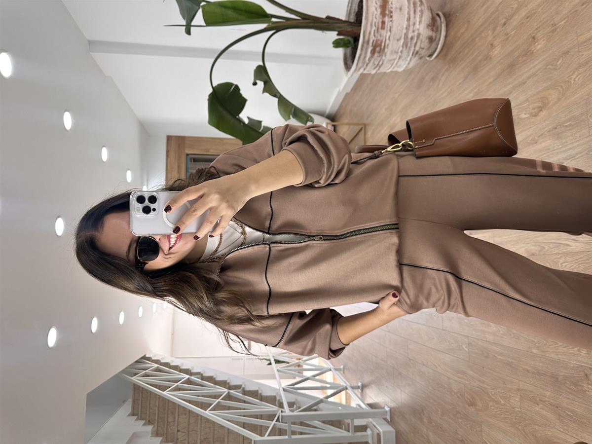 Biye Detaylı Fermuarlı Modal Takım-Kahve