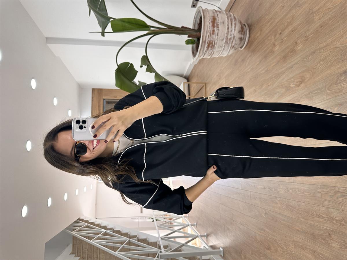 Biye Detaylı Fermuarlı Modal Takım-Siyah