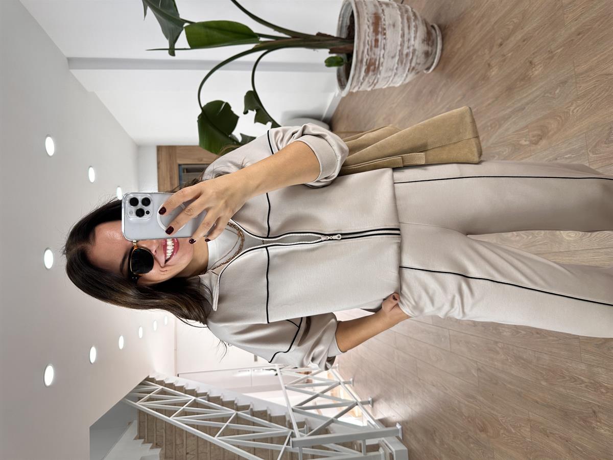 Biye Detaylı Fermuarlı Modal Takım-Taş