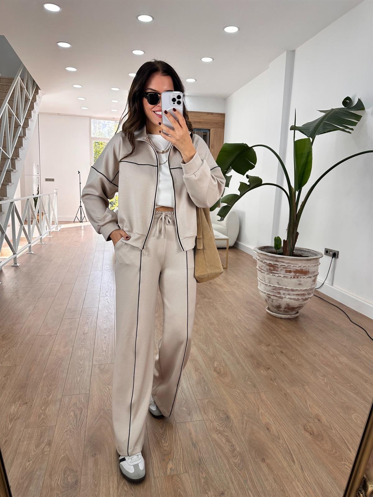 Biye Detaylı Fermuarlı Modal Takım-Taş