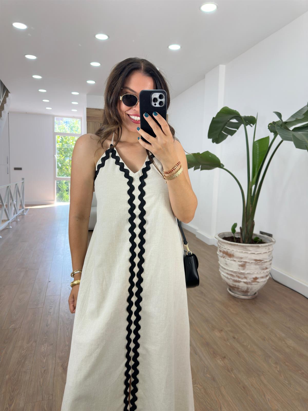 Biye Detaylı Keten Dokulu Elbise