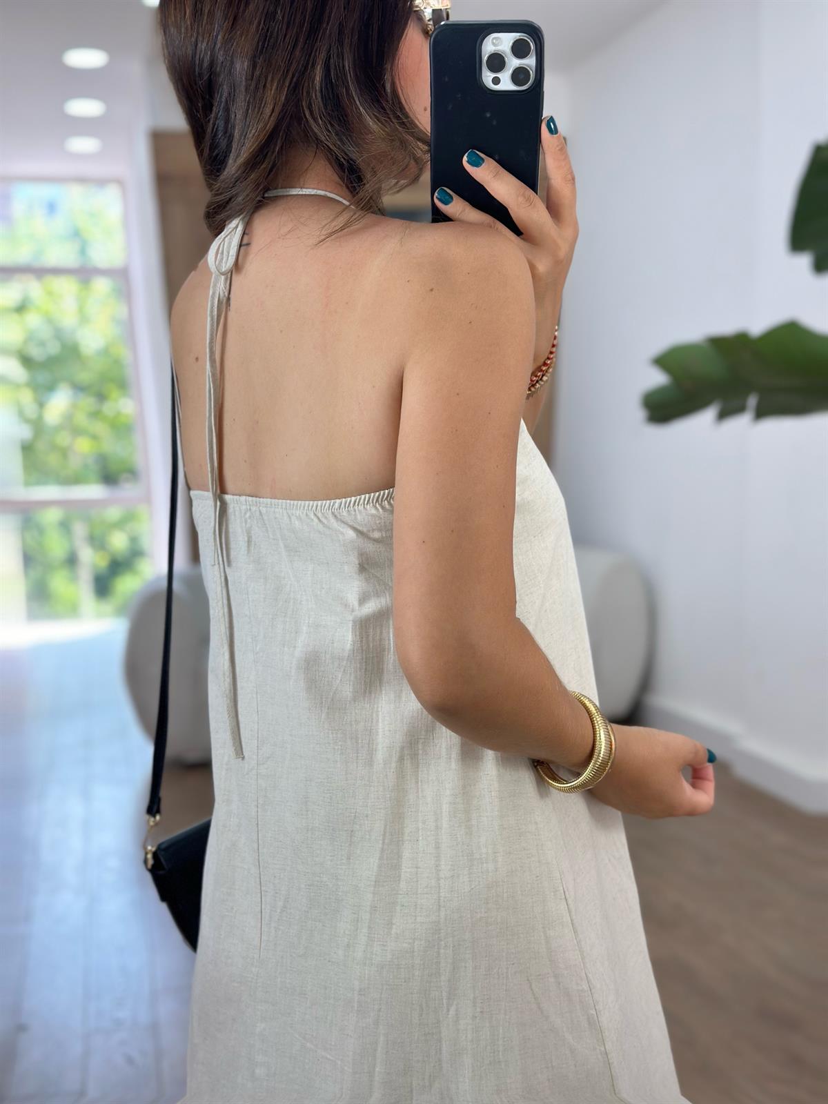 Biye Detaylı Keten Dokulu Elbise