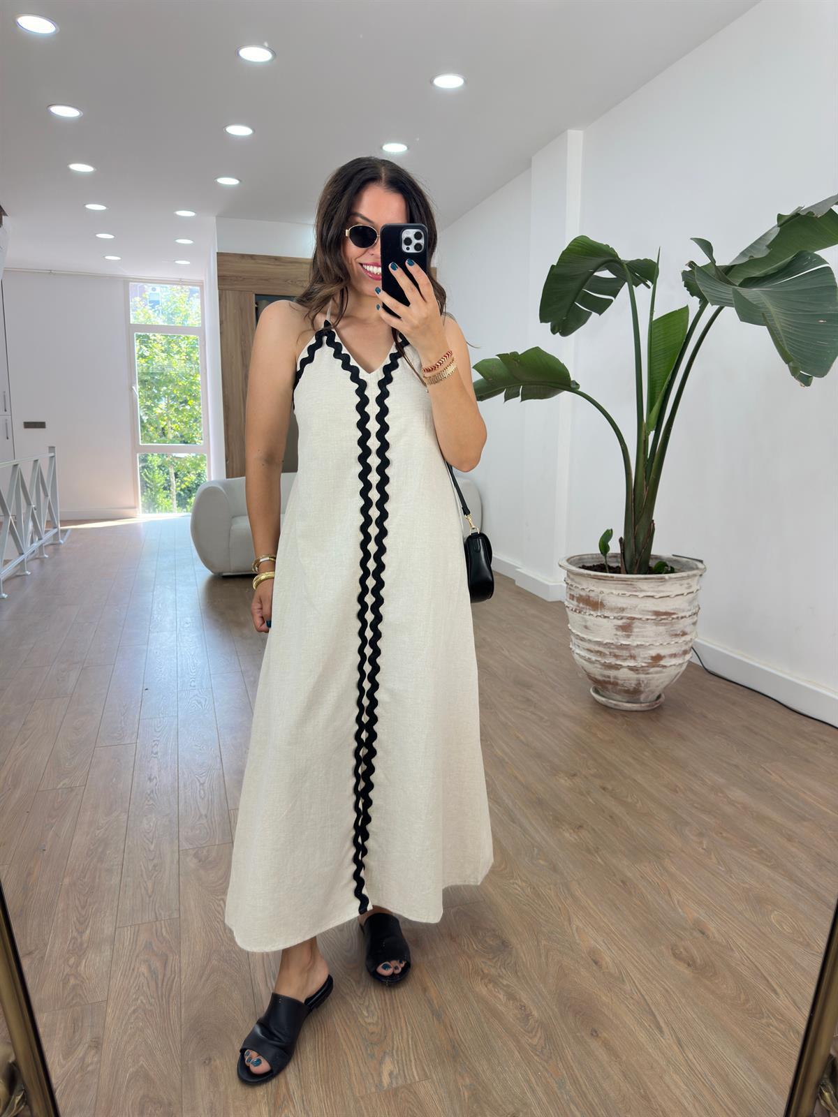 Biye Detaylı Keten Dokulu Elbise