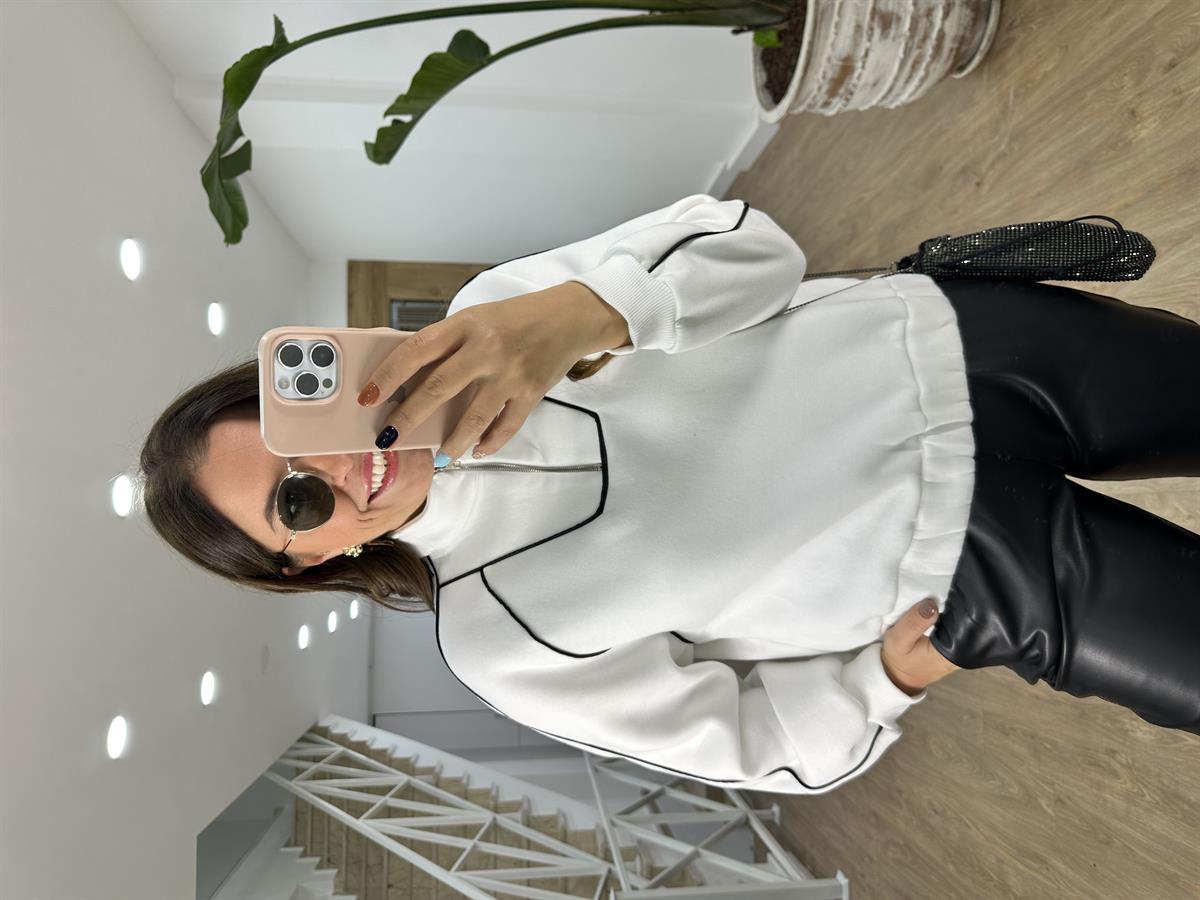 Biyeli Yakası Fermuarlı Sweatshirt