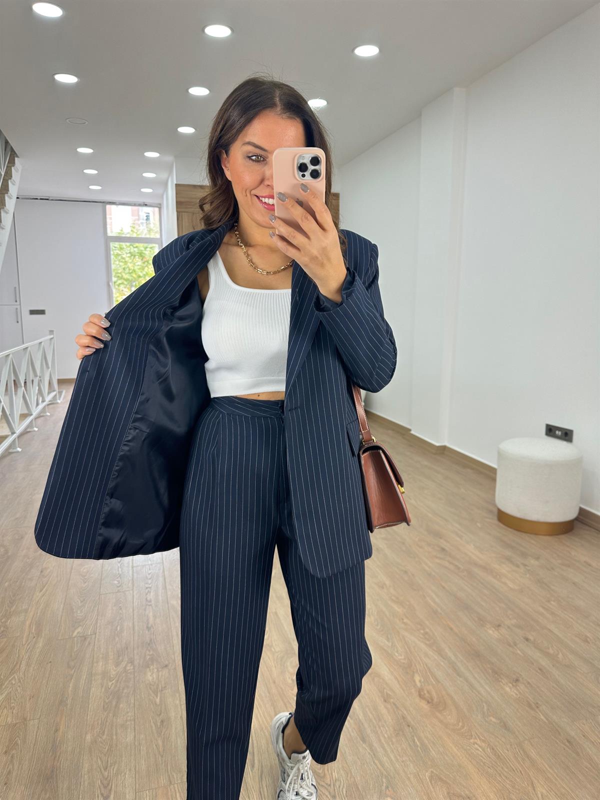 Blazer Ceketli Çizgili Takım-Lacivert
