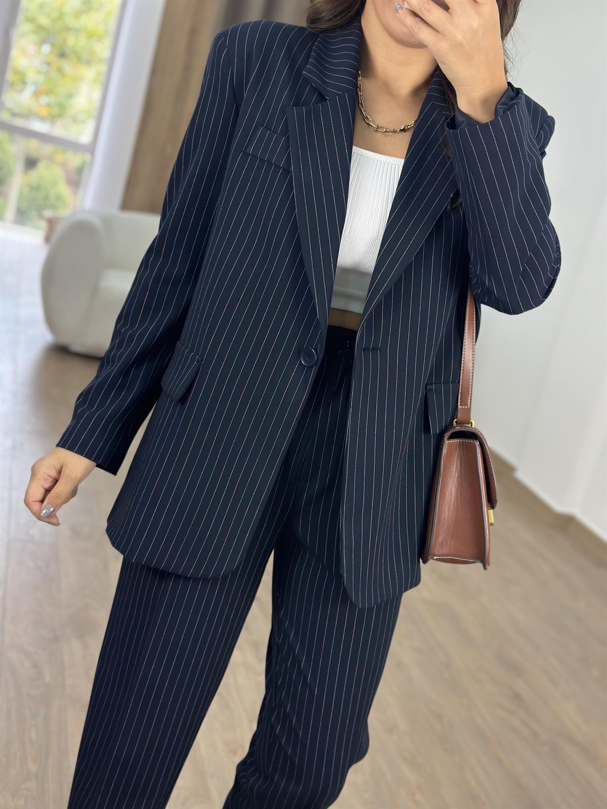Blazer Ceketli Çizgili Takım-Lacivert