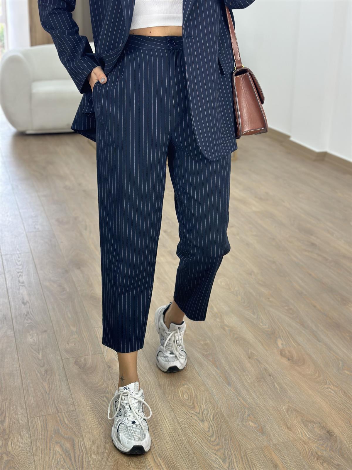 Blazer Ceketli Çizgili Takım-Lacivert
