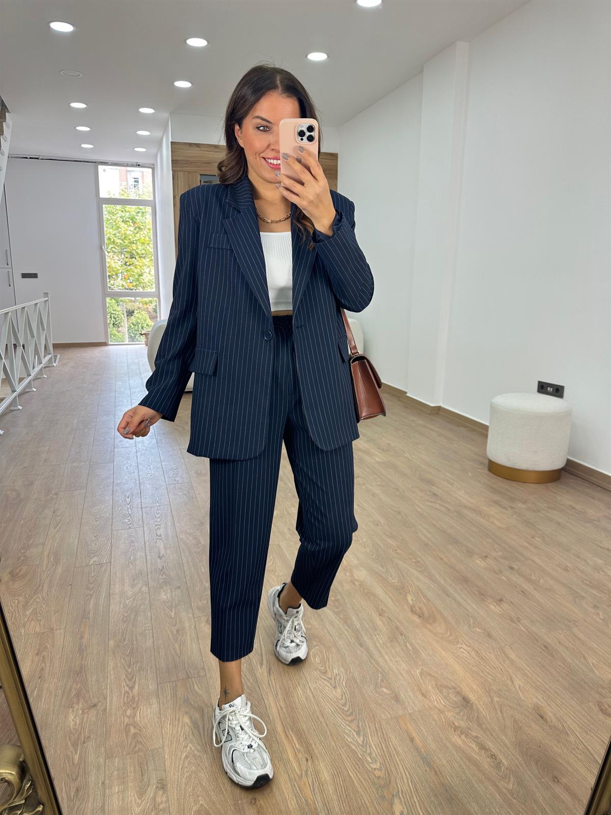 Blazer Ceketli Çizgili Takım-Lacivert
