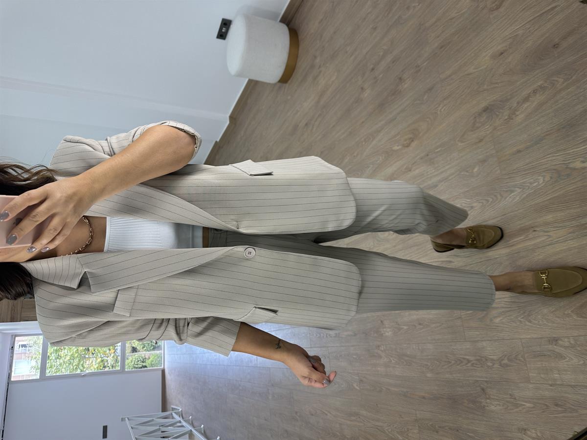 Blazer Ceketli Çizgili Takım-Taş