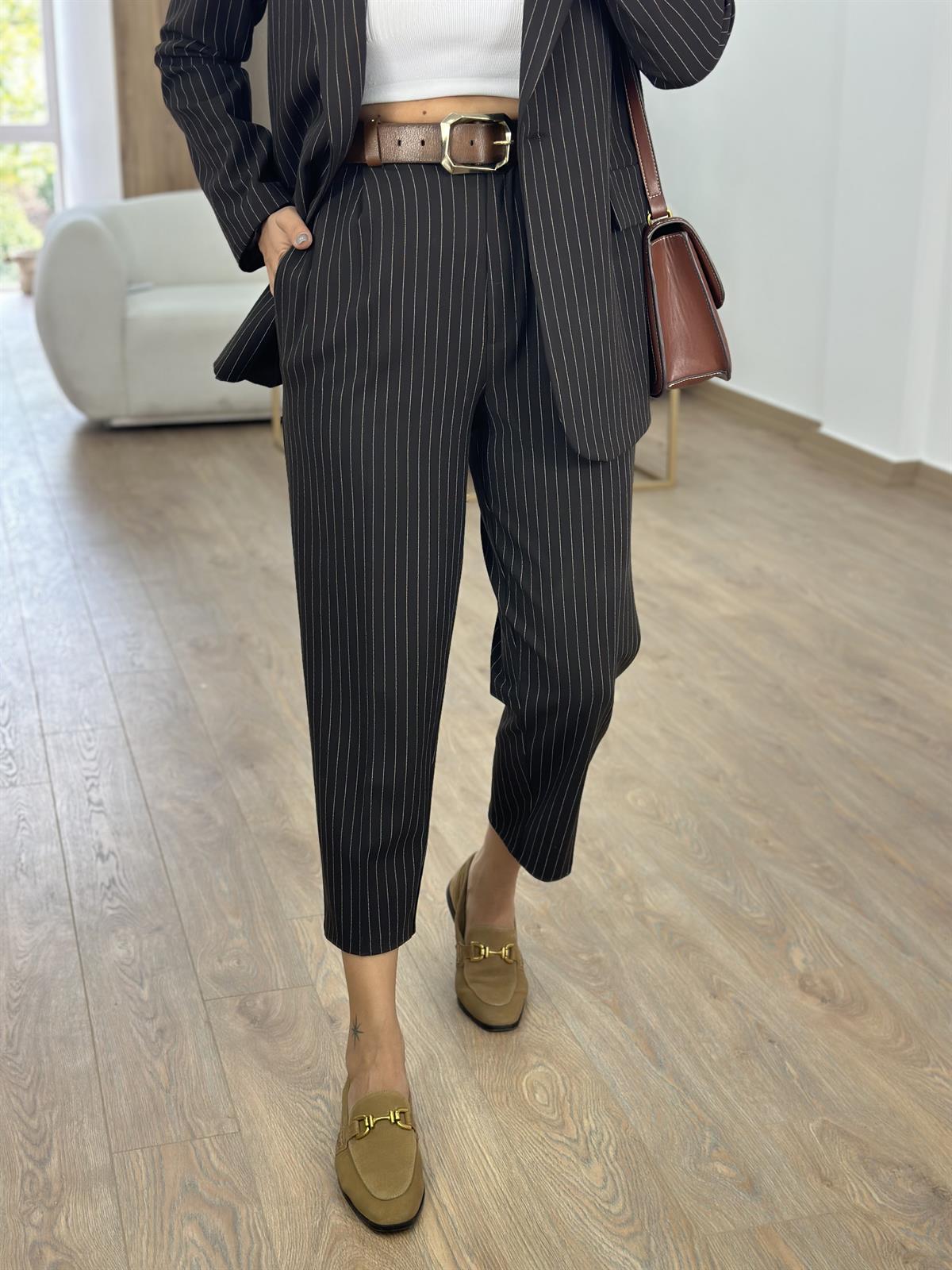 Blazer Ceketli Çizgilli Takım-Kahverengi