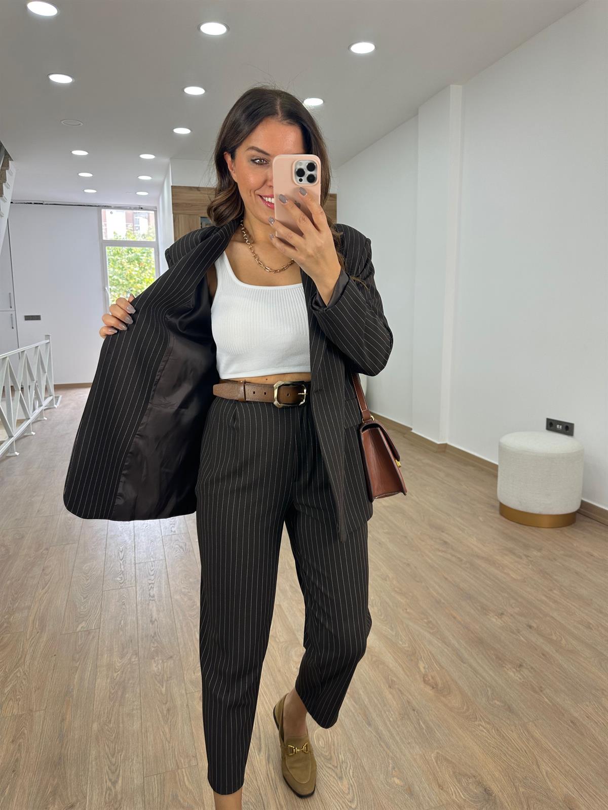 Blazer Ceketli Çizgilli Takım-Kahverengi