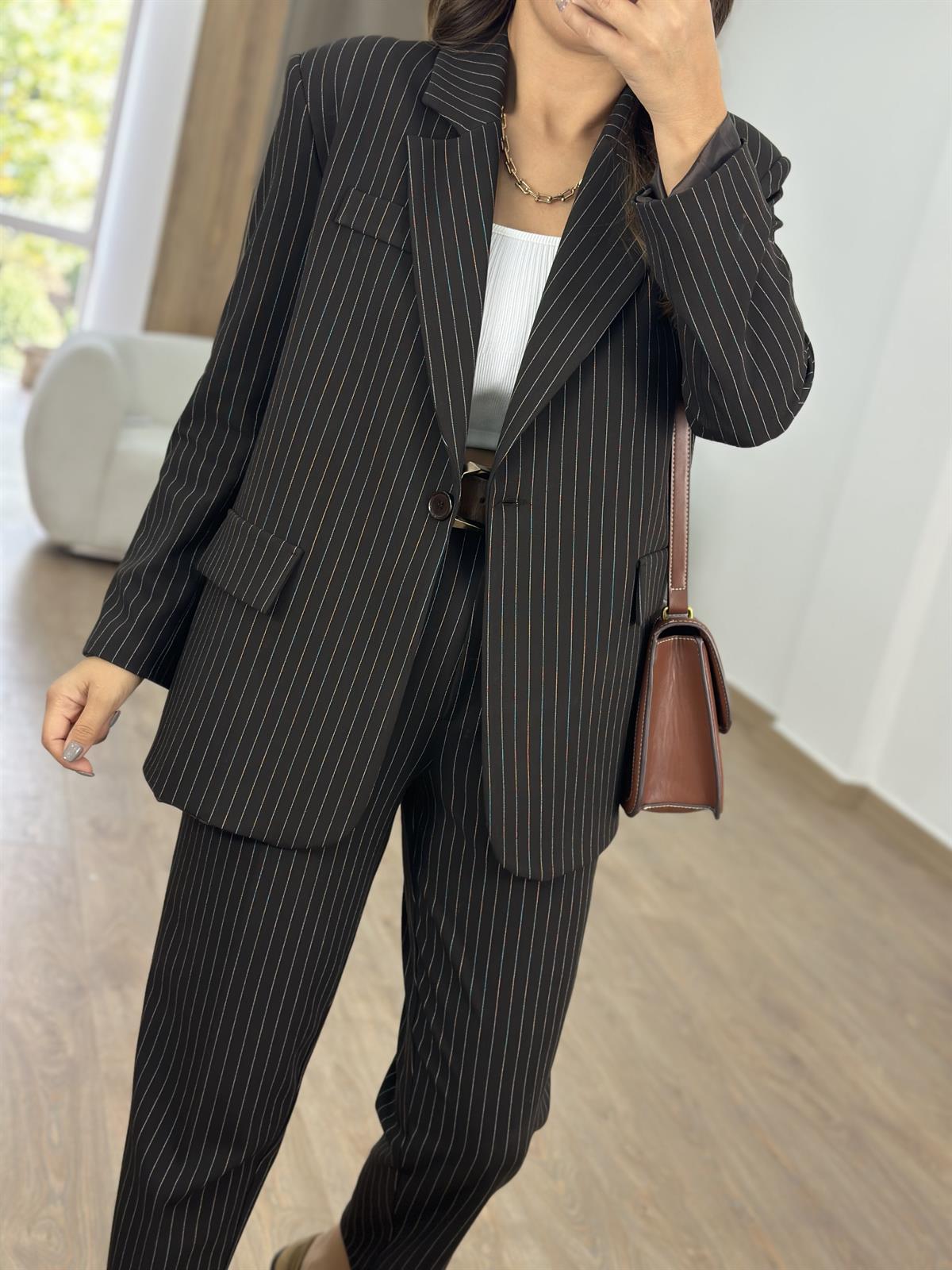 Blazer Ceketli Çizgilli Takım-Kahverengi