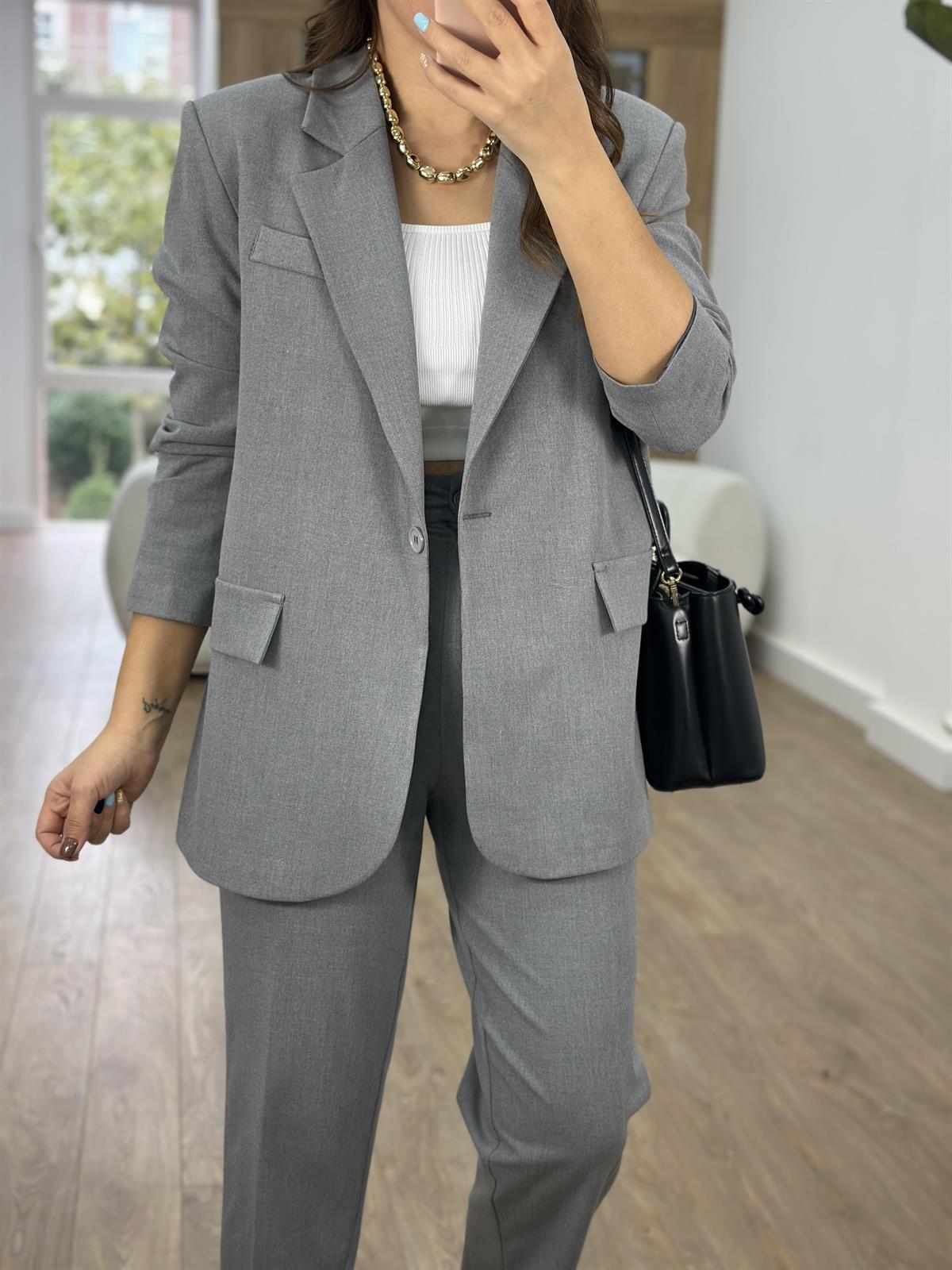 Blazer Ceketli Takım-Gri