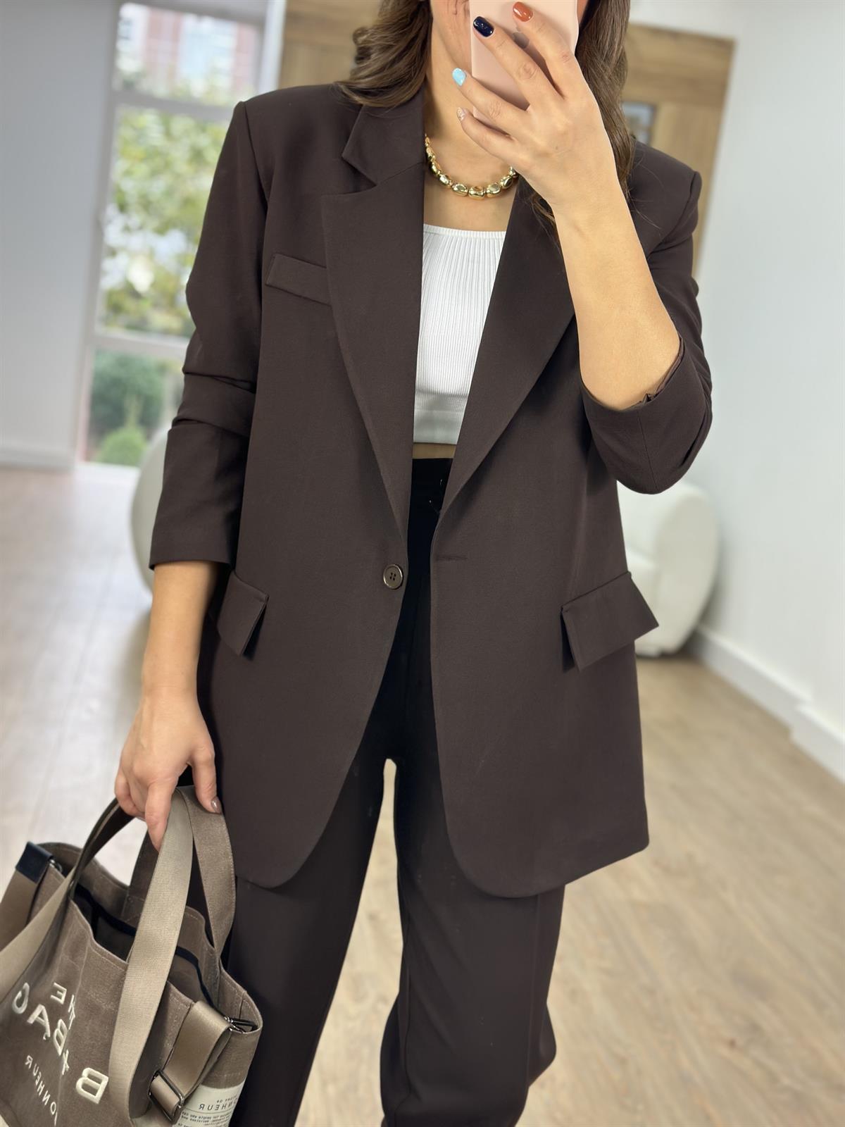 Blazer Ceketli Takım-Kahverengi