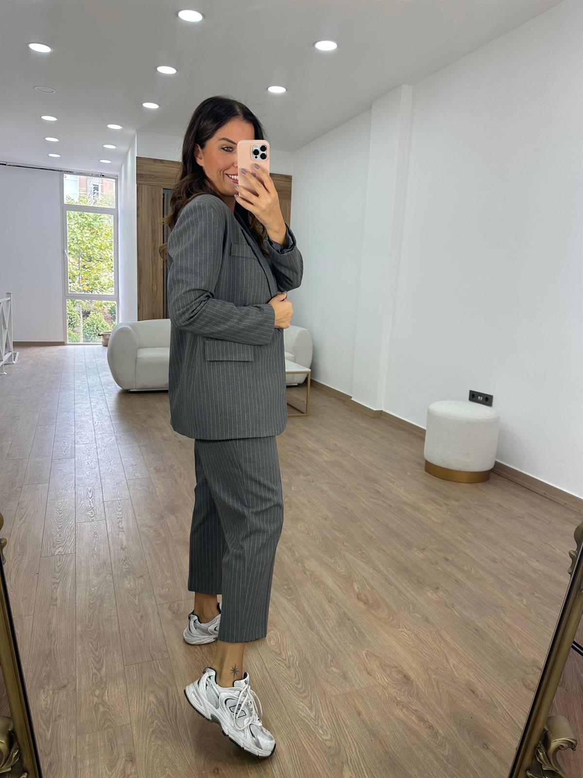 Blazer Ceketli Çizgili Takım- Antrasit