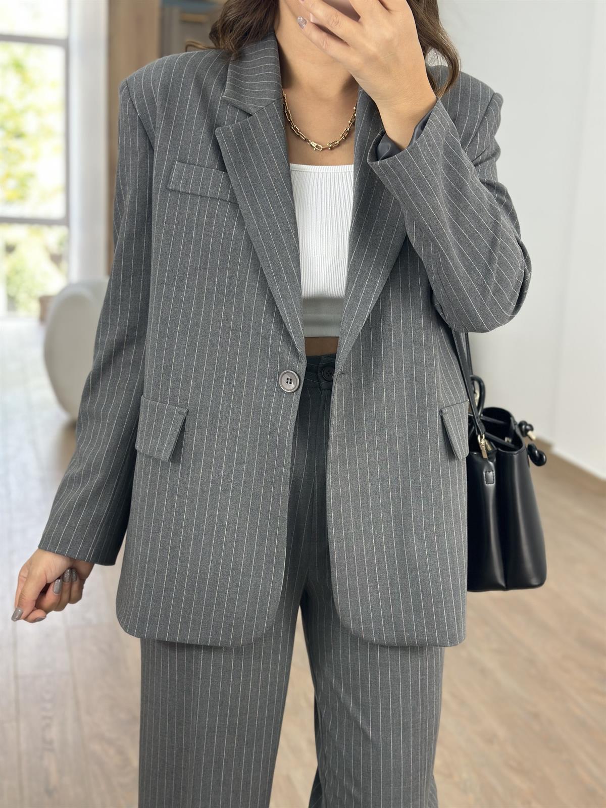 Blazer Ceketli Çizgili Takım- Antrasit