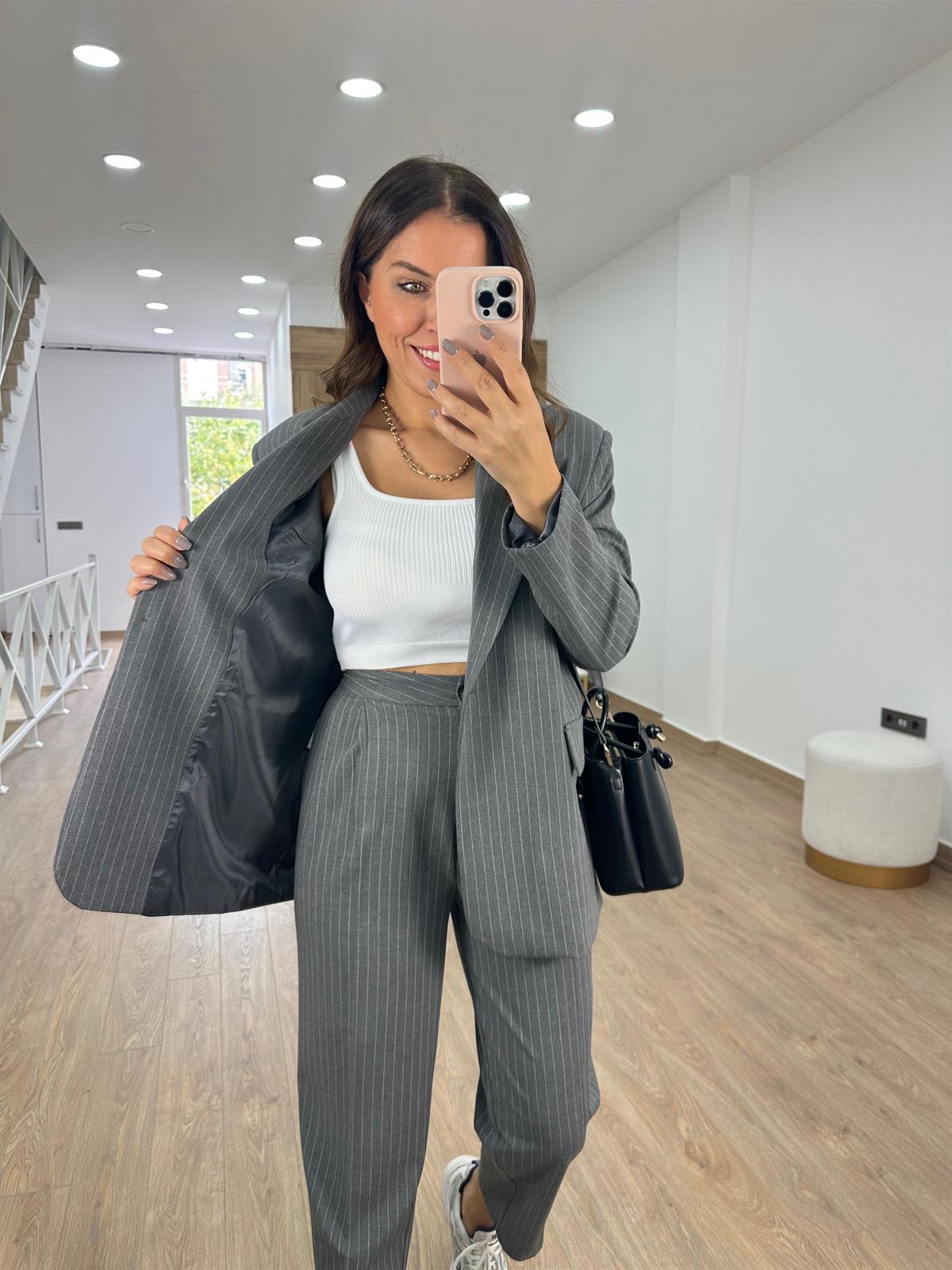 Blazer Ceketli Çizgili Takım- Antrasit