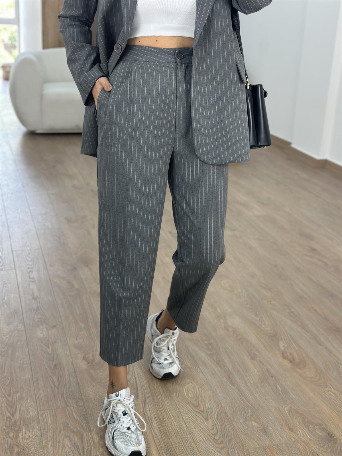 Blazer Ceketli Çizgili Takım- Antrasit