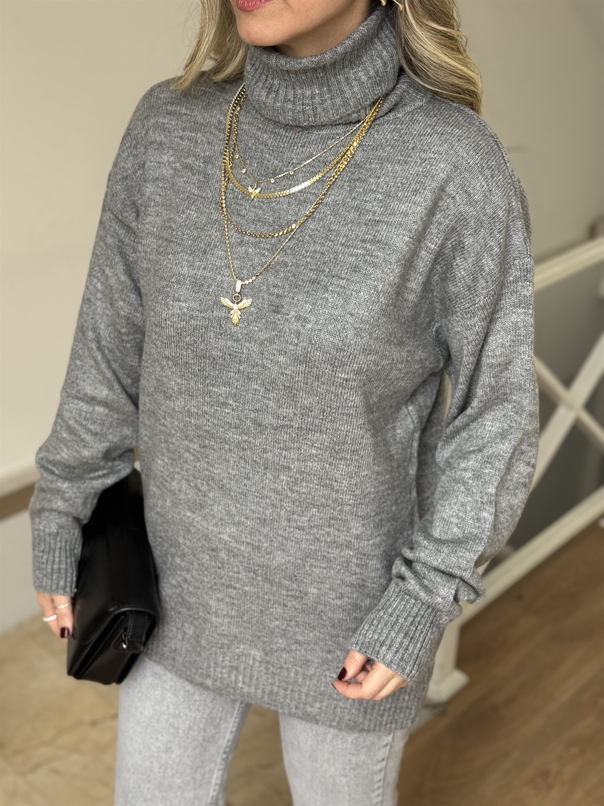 Boğazlı Oversize Kazak - Gri