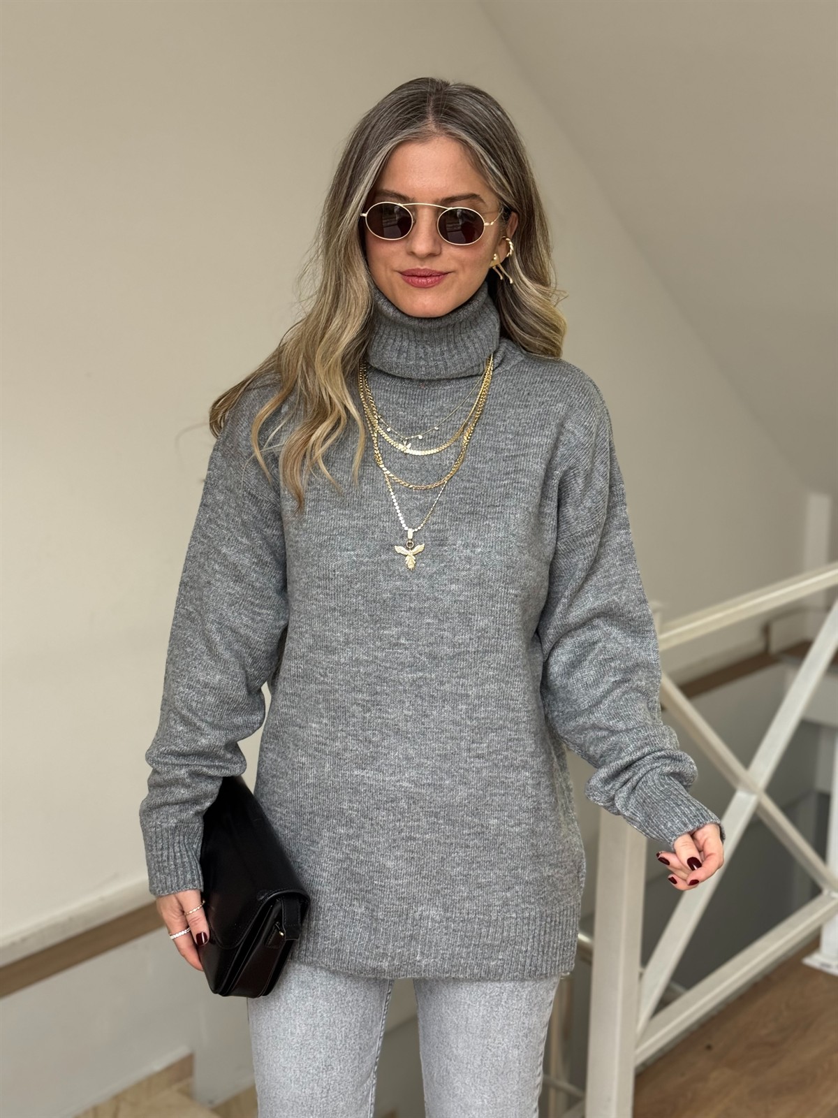 Boğazlı Oversize Kazak - Gri