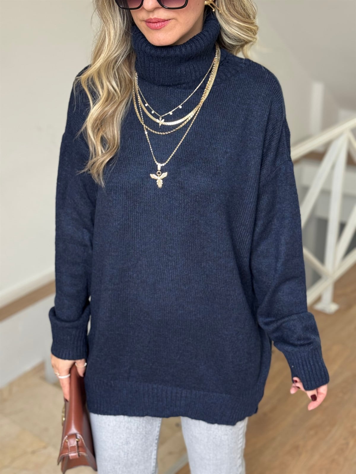 Boğazlı Oversize Kazak - Lacivert