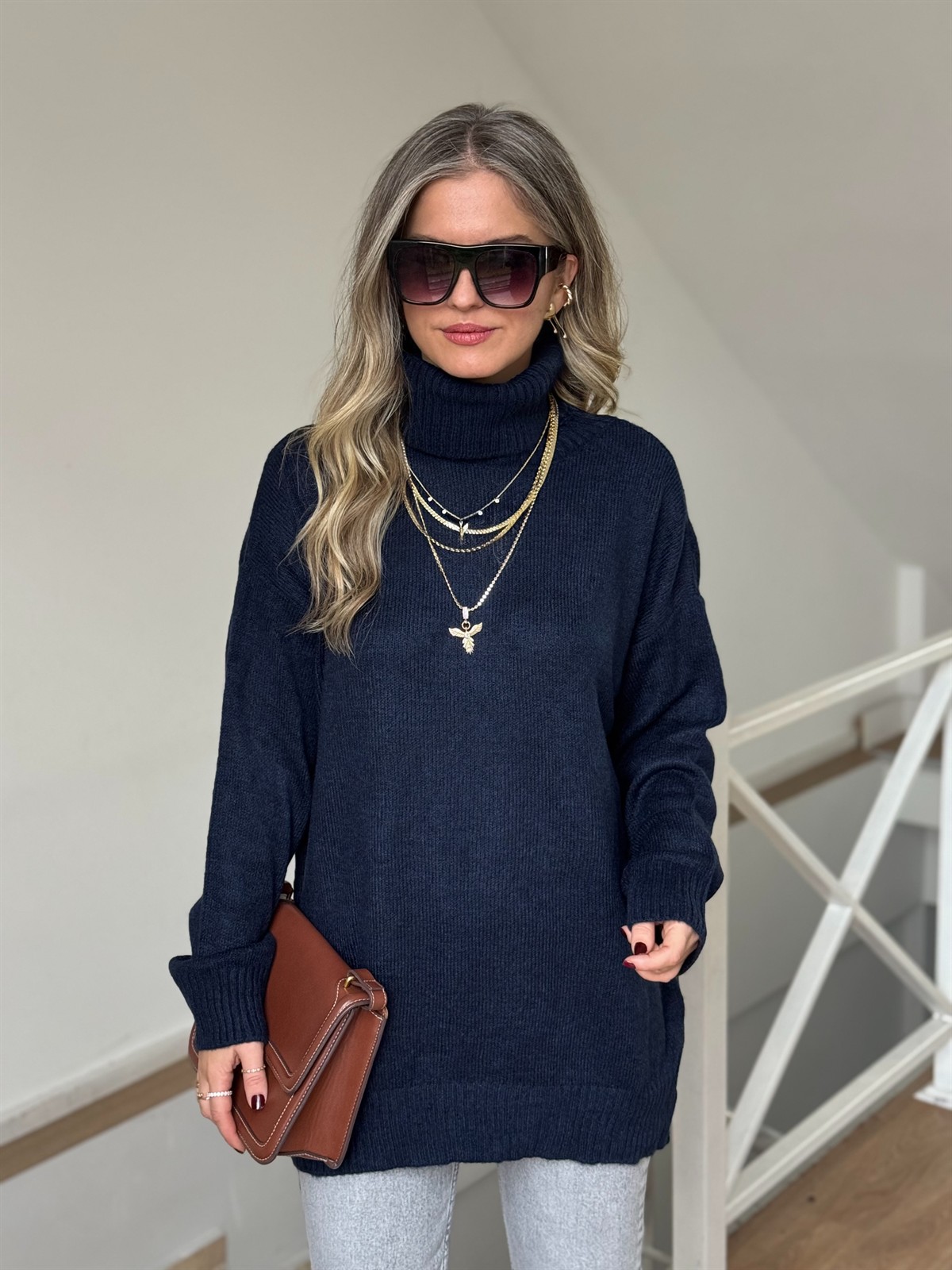 Boğazlı Oversize Kazak - Lacivert