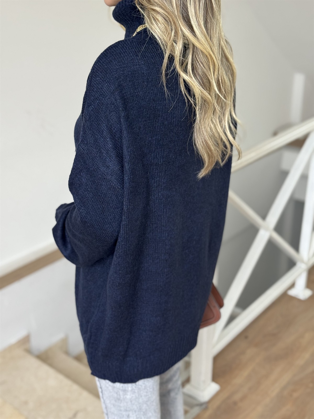 Boğazlı Oversize Kazak - Lacivert