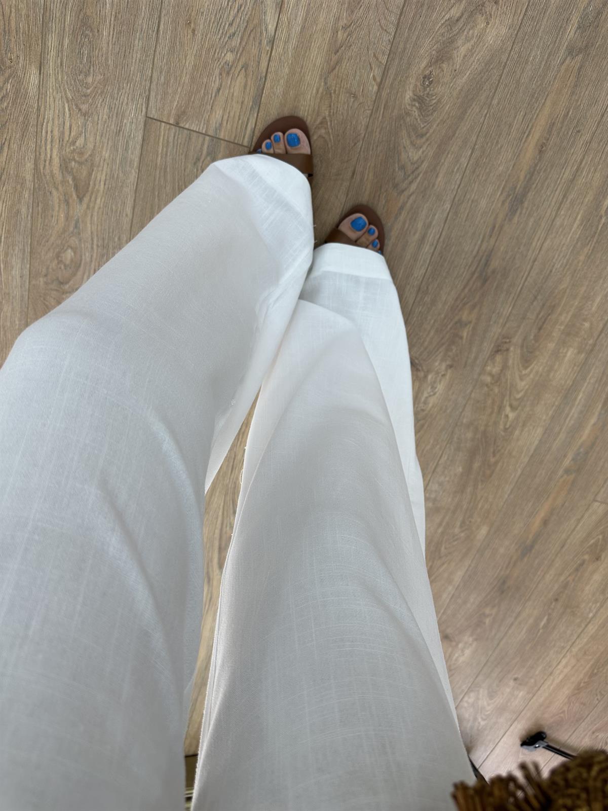 Bol Paça Beli Lastikli Keten Pantolon - Beyaz