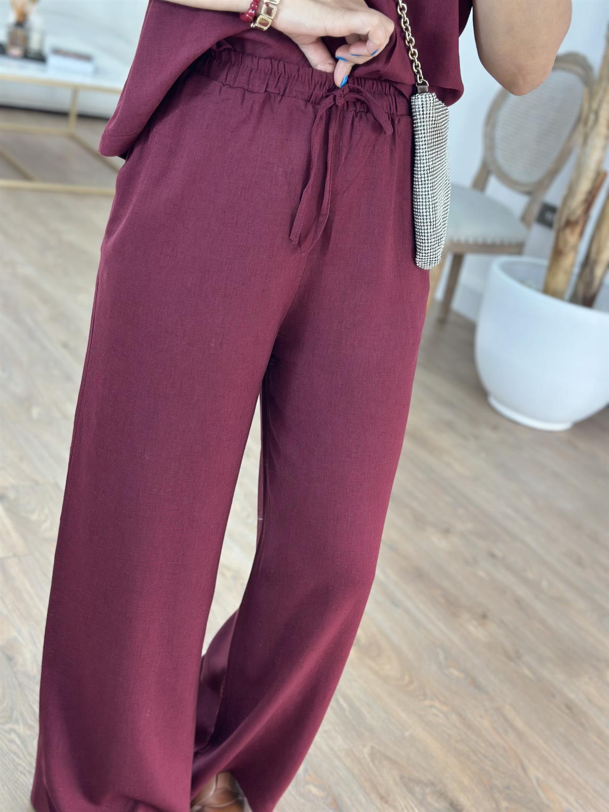 Bol Paça Beli Lastikli Keten Pantolon - Bordo
