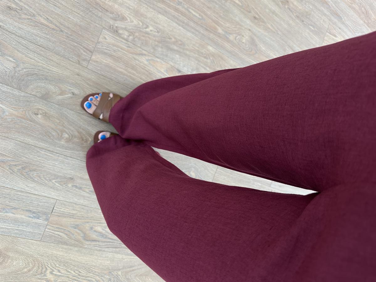 Bol Paça Beli Lastikli Keten Pantolon - Bordo