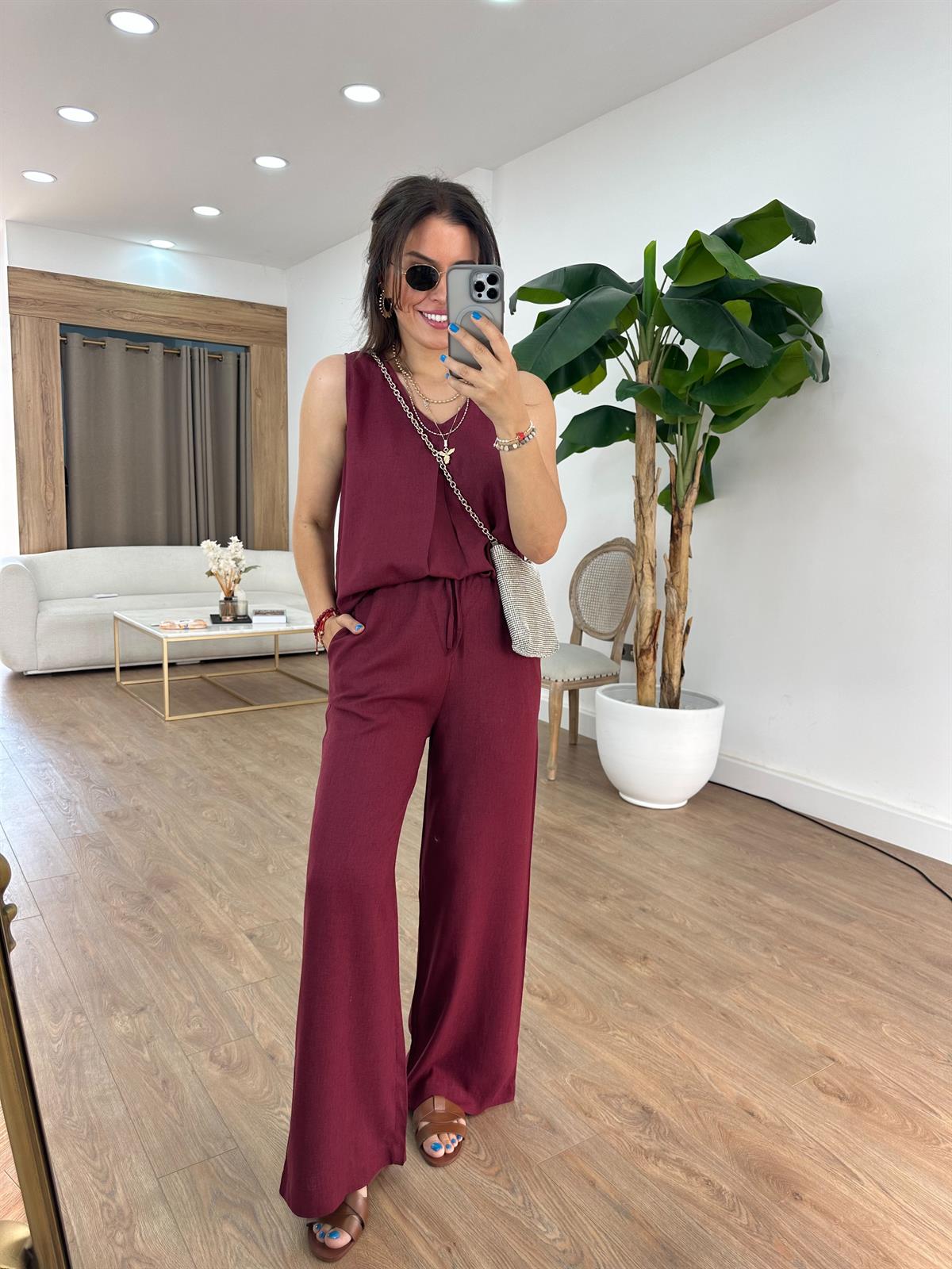 Bol Paça Beli Lastikli Keten Pantolon - Bordo