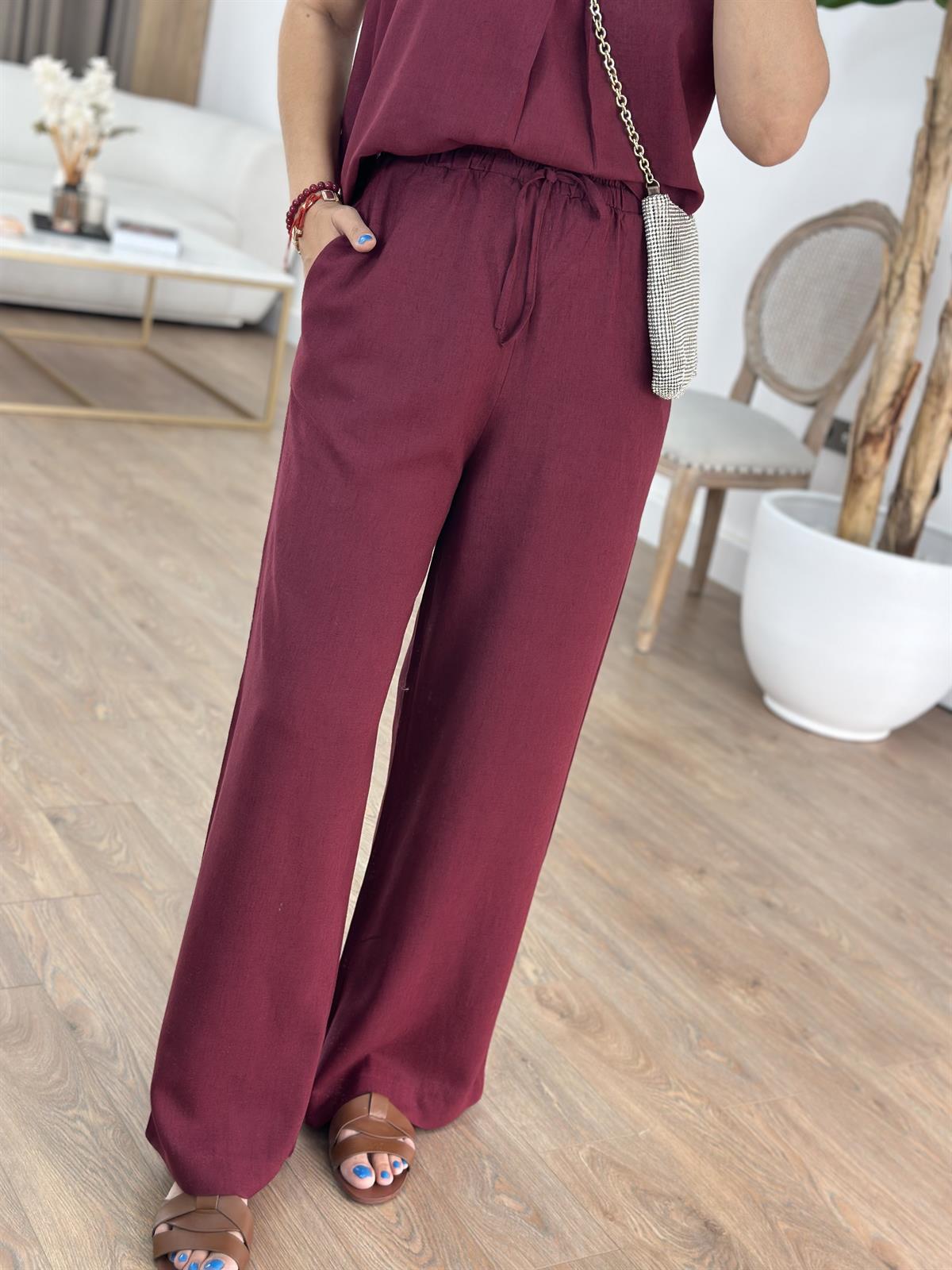 Bol Paça Beli Lastikli Keten Pantolon - Bordo
