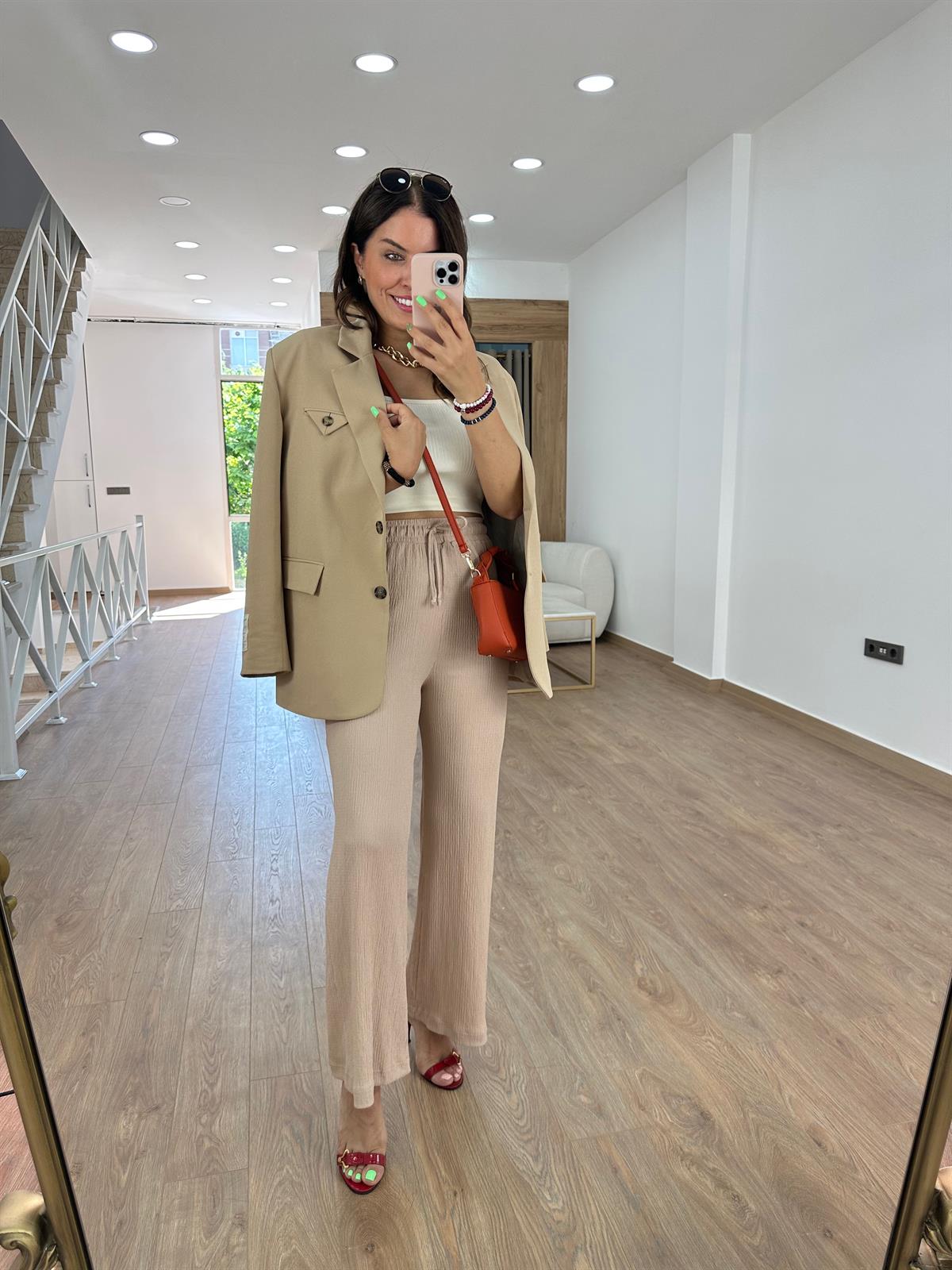 Bol Paça Bürümcük Pantolon-Bej