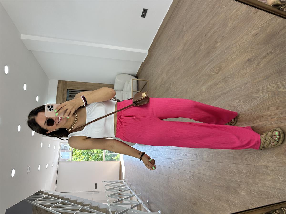 Bol Paça Bürümcük Pantolon-Fuşya