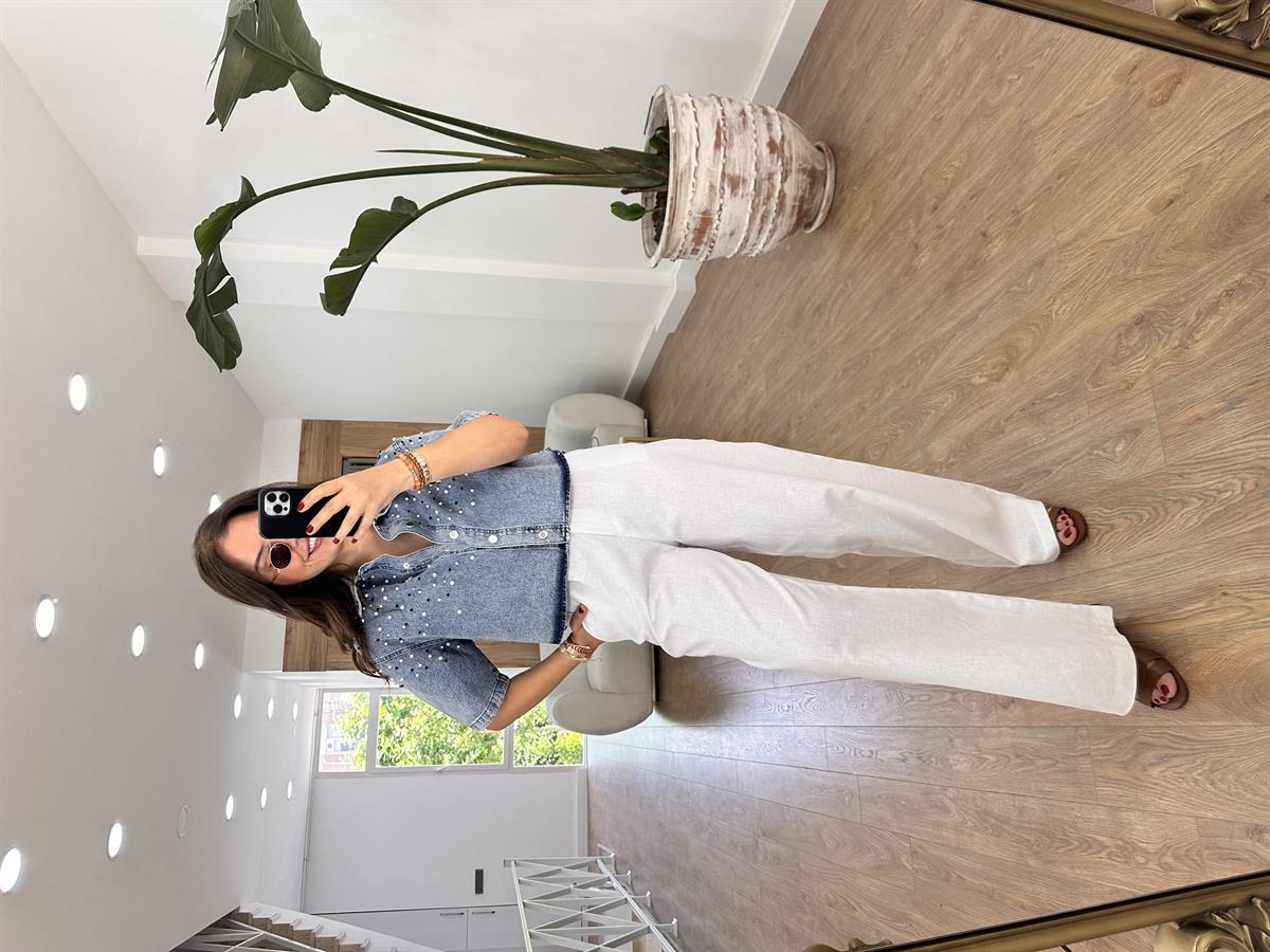 Bol Paça Keten Pantolon-Beyaz