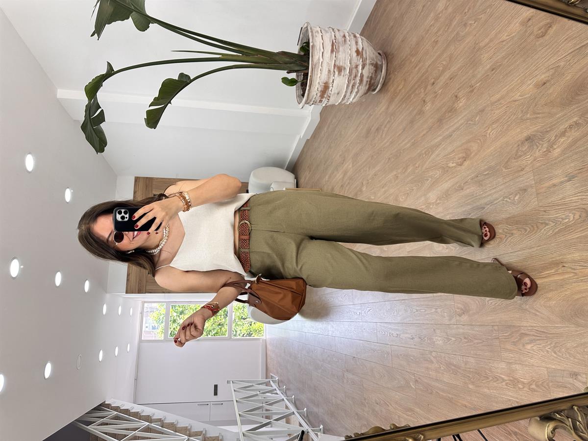 Bol Paça Keten Pantolon-Haki