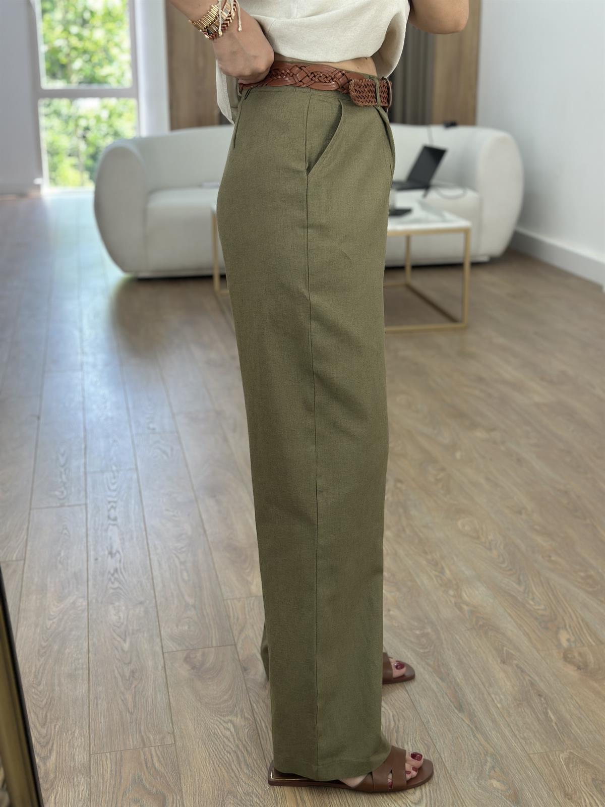 Bol Paça Keten Pantolon-Haki