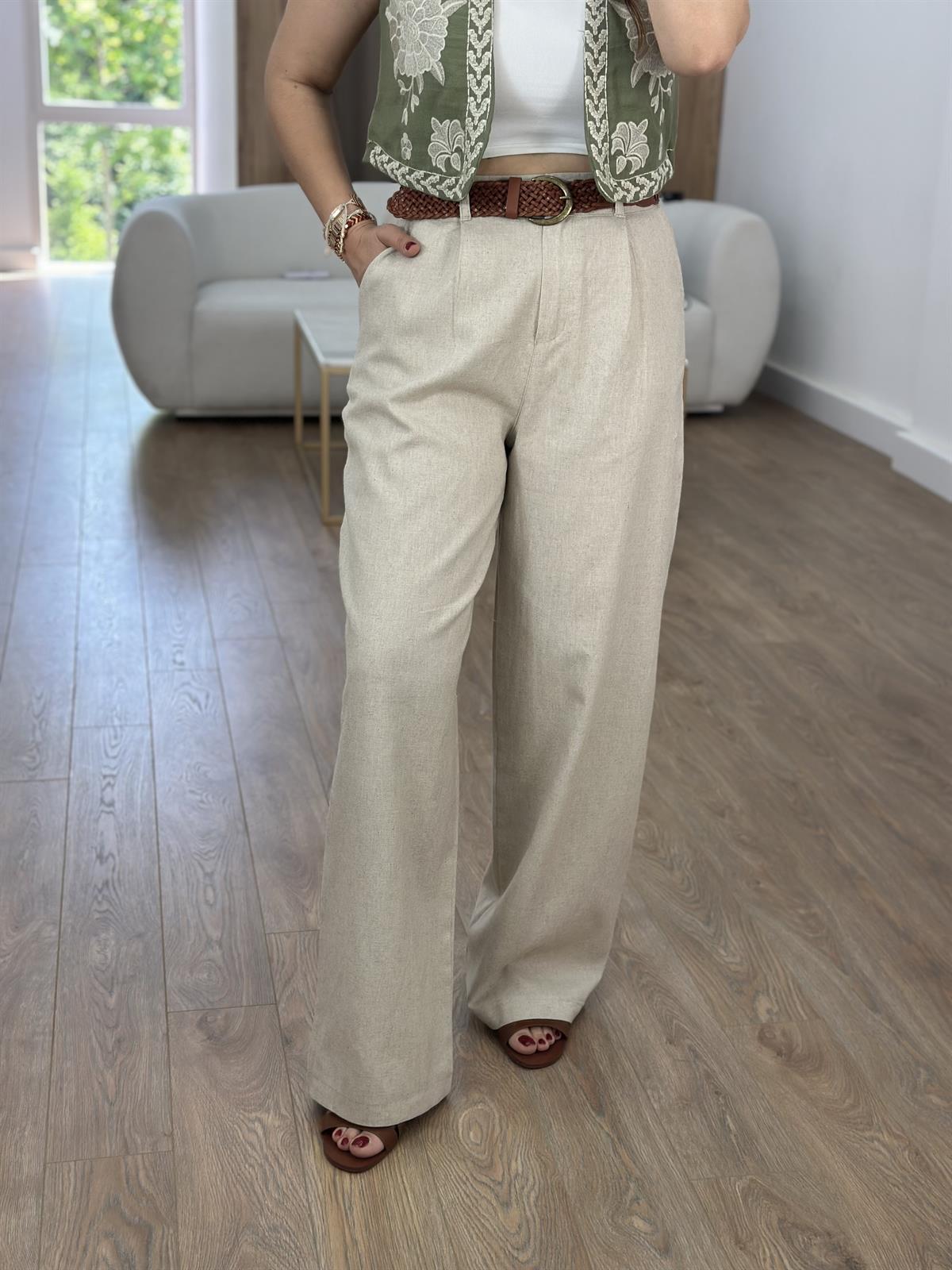 Bol Paça Keten Pantolon-Taş