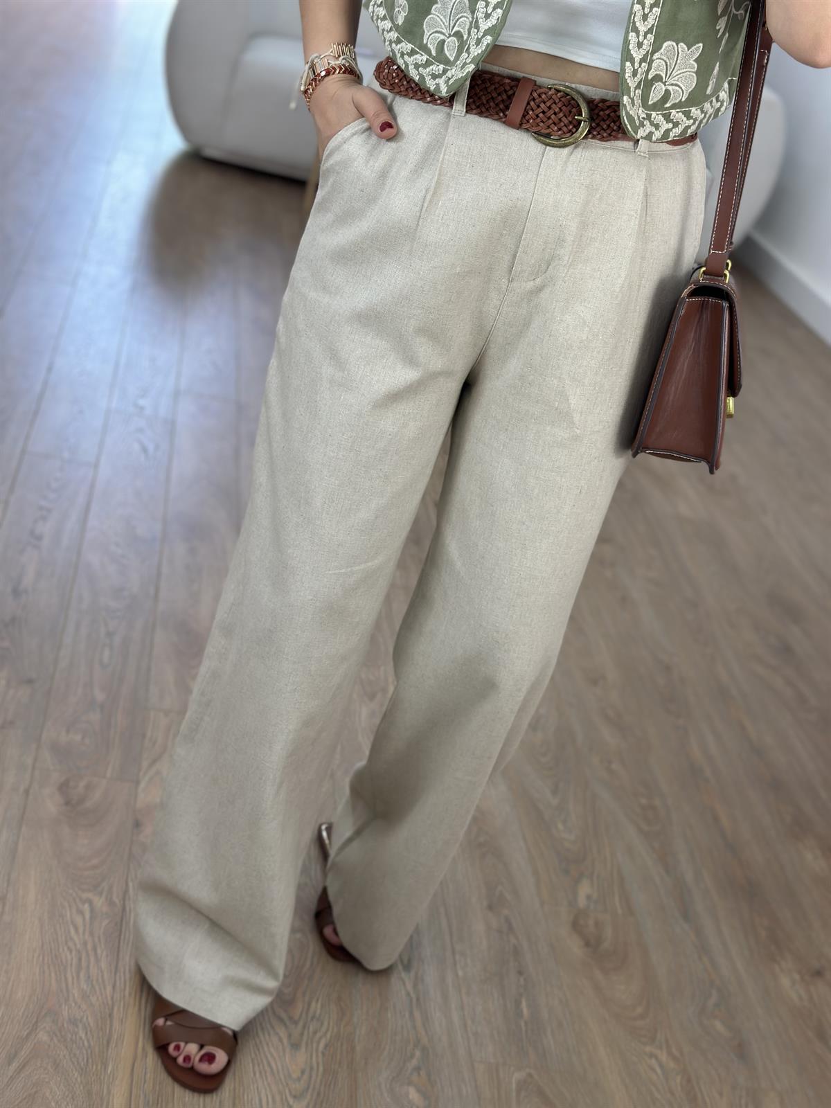 Bol Paça Keten Pantolon-Taş