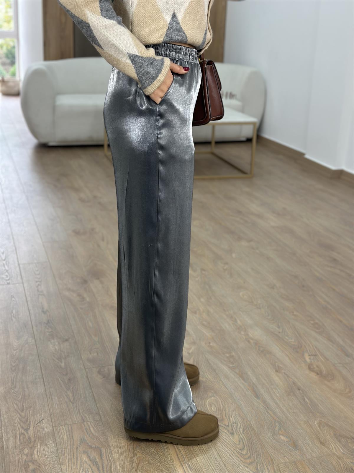 Bol Paça Parlak Pantolon- Füme