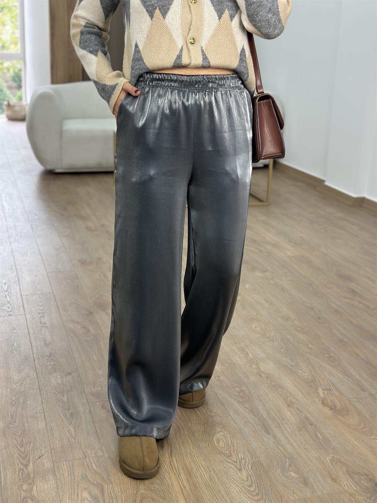 Bol Paça Parlak Pantolon- Füme